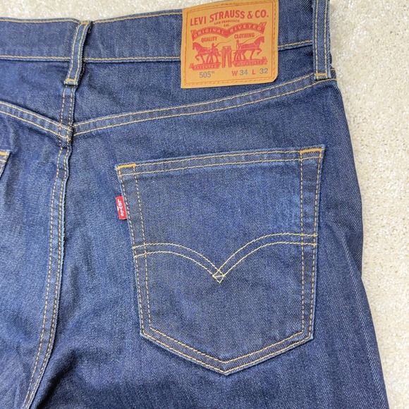 Levis 505 Jeans Mens 34x32 Blue Dark Wash Denim Straight Leg Regular Fit Stretch - Picture 7 of 14